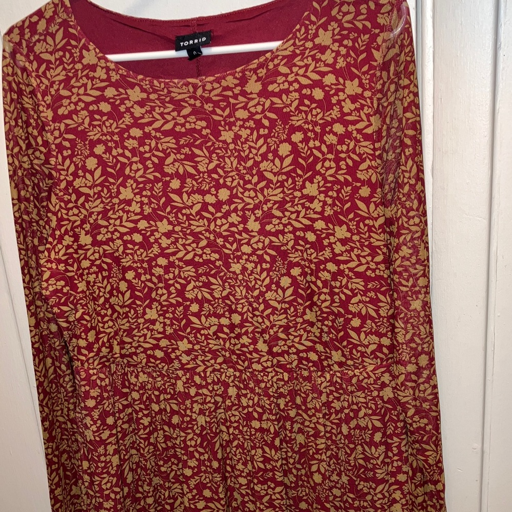 Torrid Burgundy and Gold Floral LS Farmhouse Dress Torrid Size 0 - Picture 5 of 6